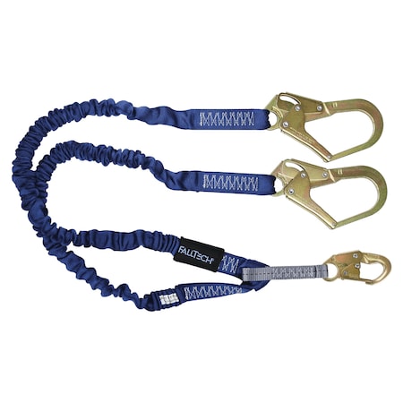 Falltech ElasTech Shock Absorbing Lanyard, 310 lb Load, 6 ft L, Polyester Line, 2 Legs, Rebar Hook Anchorage 8240Y3